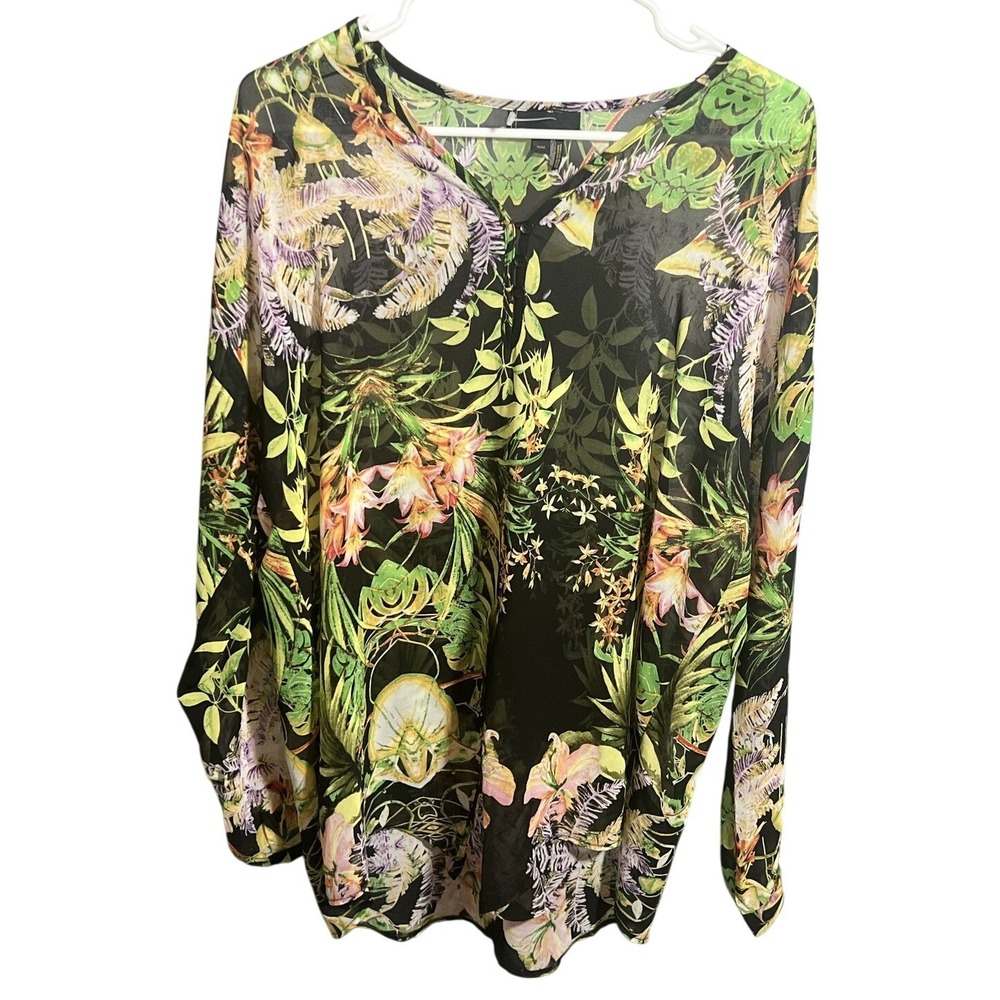 Jeans by Buffalo Women's M Tropical Floral Sheer Blouse Top Long Sleeve V-Neck
